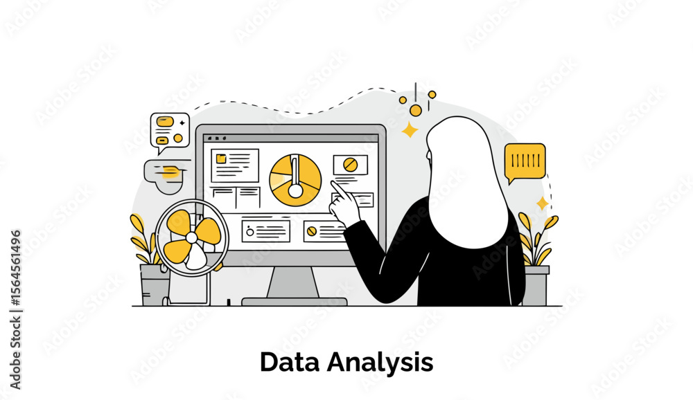 Poster a female professional in a hijab reviewing data on a computer screen in an office setting. analyzing