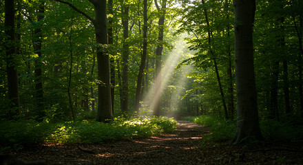 Sunlight streams through a dense forest (2)
