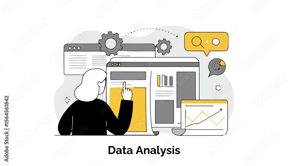Poster a female professional in a business setting examines data analysis dashboards on multiple computer s
