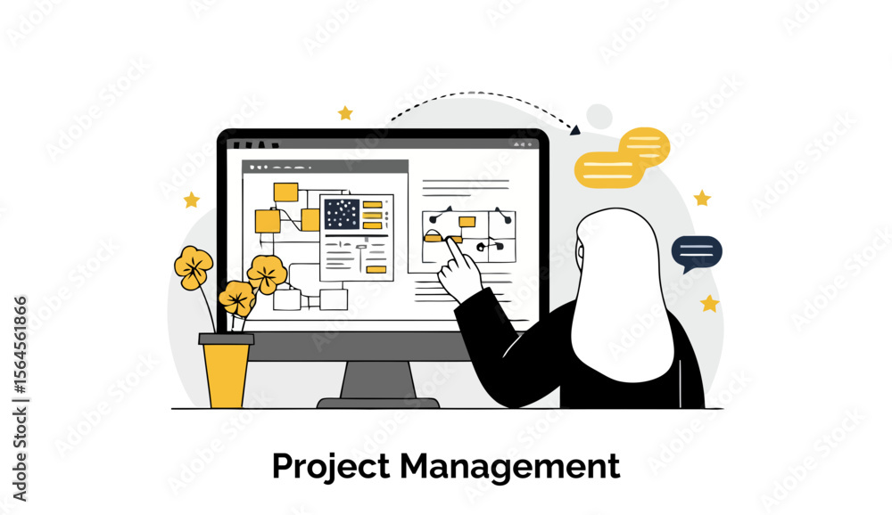 Poster female project manager in business attire pointing at project management software on computer screen