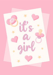 Gentle postcard It's a girl. Poster with baby Dummy and stars for gender reveal party in pink tones. Vector illustration.