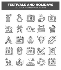 Collection of 25 Festivals and Holidays. Line Icons