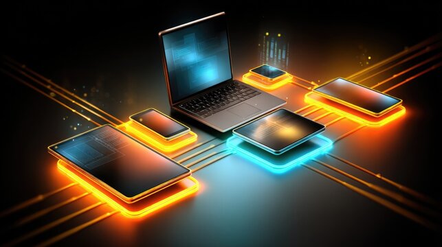 A digital network illustration showing glowing data lines and nodes connecting multiple modern digital devices