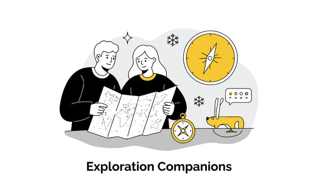 Young adult couple in casual clothing reviewing a world map at a table with compass and snow. Planning an expedition or adventure together at a travel agency.