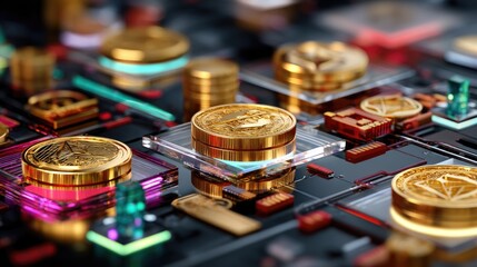 A futuristic digital scene featuring glowing crypto tokens, shiny coins, and NFT icons