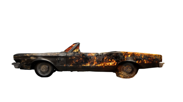 Convertible car engulfed in raging fire with extensive crash damage, charred metal and billowing smoke — high-resolution transparent PNG cutout ideal for emergency response visuals, vehicle accident
