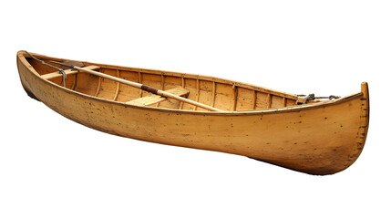 Antique wooden canoe with paddle, illuminated on a black background, vintage style