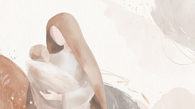 Woman Mary and baby Jesus christ depiction with a simple watercolor style, a religious illustration for Christmas and holiday card.