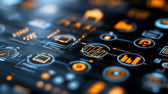 Abstract technological interface featuring interconnected orange and white icons on a dark background displaying data