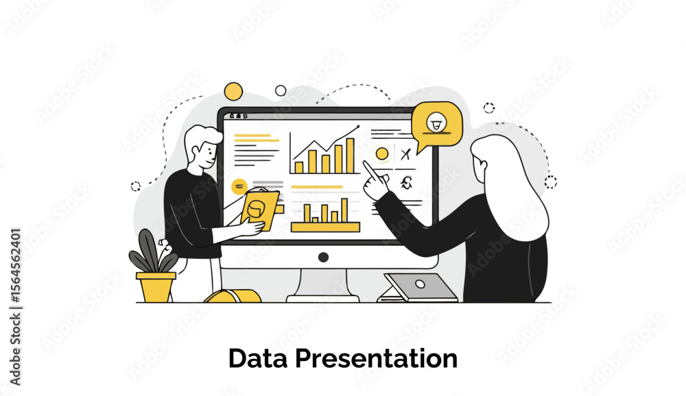 Poster data presentation by a young man and woman in business attire, pointing at data charts displayed on 