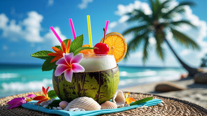 Delicious tropical cocktail served in a coconut with fresh fruit decorations and flowers on the beach.