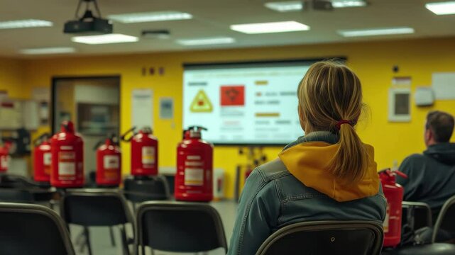 A people attending fire safety training with extinguishers and projector screen visible in room a