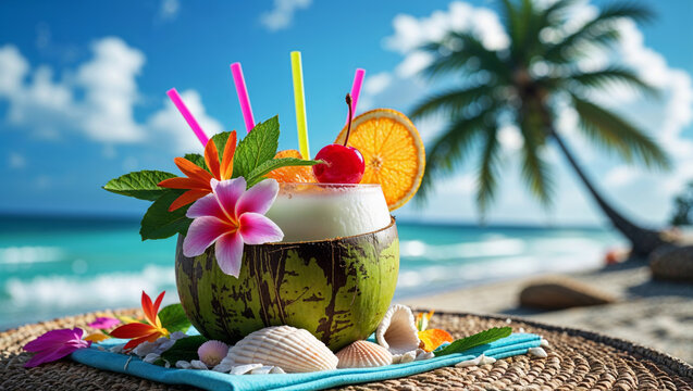 Delicious tropical cocktail served in a coconut with fresh fruit decorations and flowers on the beach.