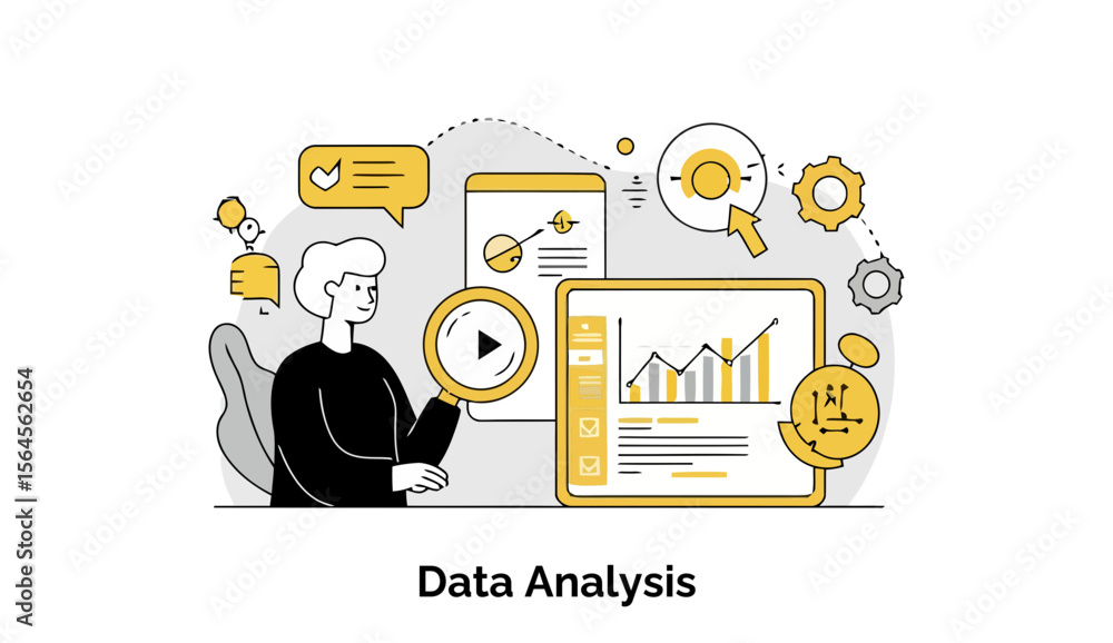 Poster young male data analyst reviewing data charts on digital devices in a modern office setting. focused