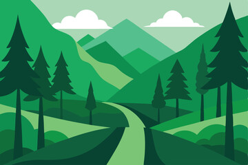 Serene Green Mountain Landscape Illustration Winding Road Through Lush Valley
