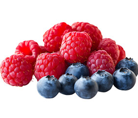 Vibrant pile of fresh raspberries and blueberries on a stark black background
