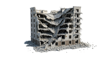 Destroyed building facade 3d rendered, isolated on transparent background