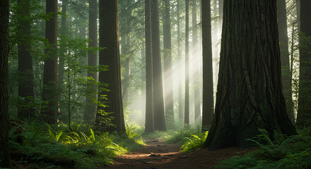 Obraz premium Sunlight streams through a misty forest path