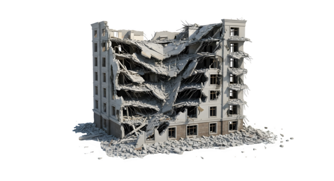 Destroyed building facade 3d rendered, isolated on transparent background - Powered by Adobe
