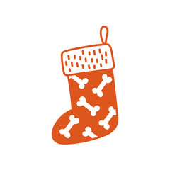 Christmas Stocking with Bone Pattern. Hand drawn Holiday Gift for dog. Pet decorative element. Retro Red Vector illustration