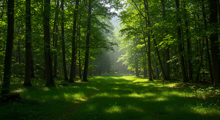 Obraz premium Sunlight streams through a verdant forest