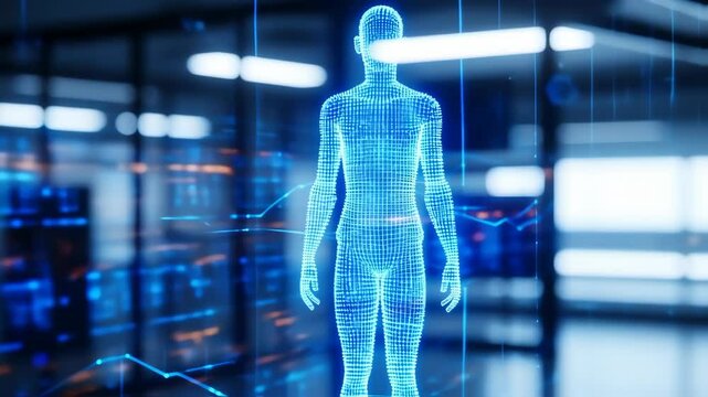 Futuristic digital hologram of human body anatomy, glowing blue 