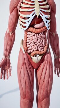 Anatomical of the human digestive system, detailed muscles and organs exposed