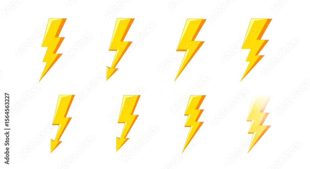 Poster array of yellow lightning bolts with white border on black isolated transparent background