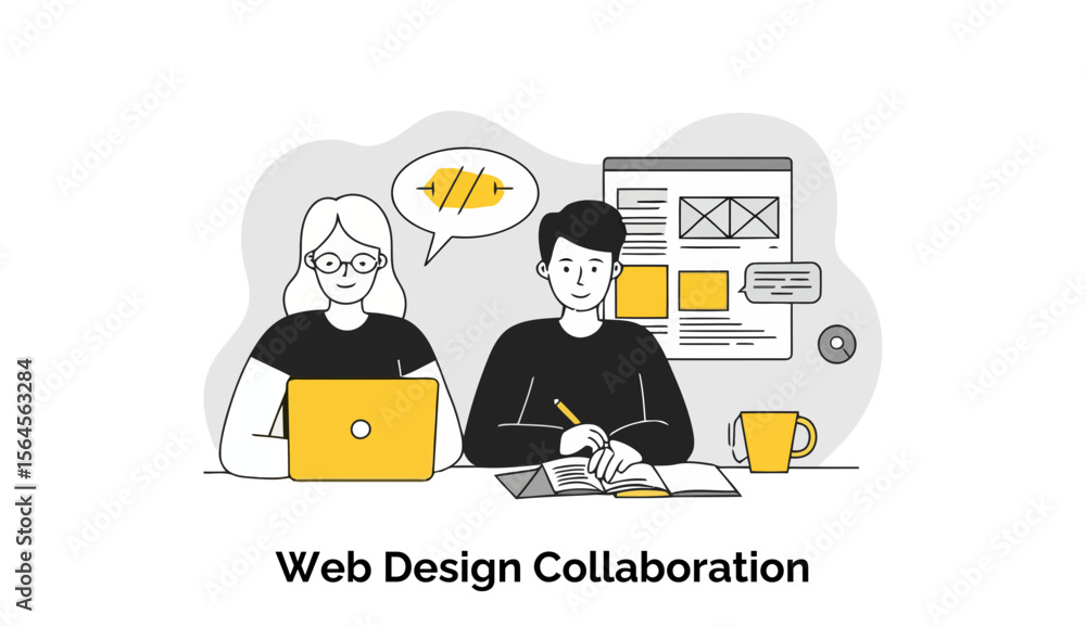 Poster two web designers, a woman and a man, collaborating on a website design project in a modern office s
