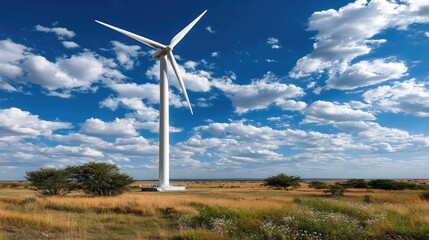 A modern wind turbine standing tall in an open field under a vibrant blue sky