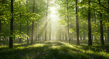 Obraz premium Sunlit forest floor bathed in morning light
