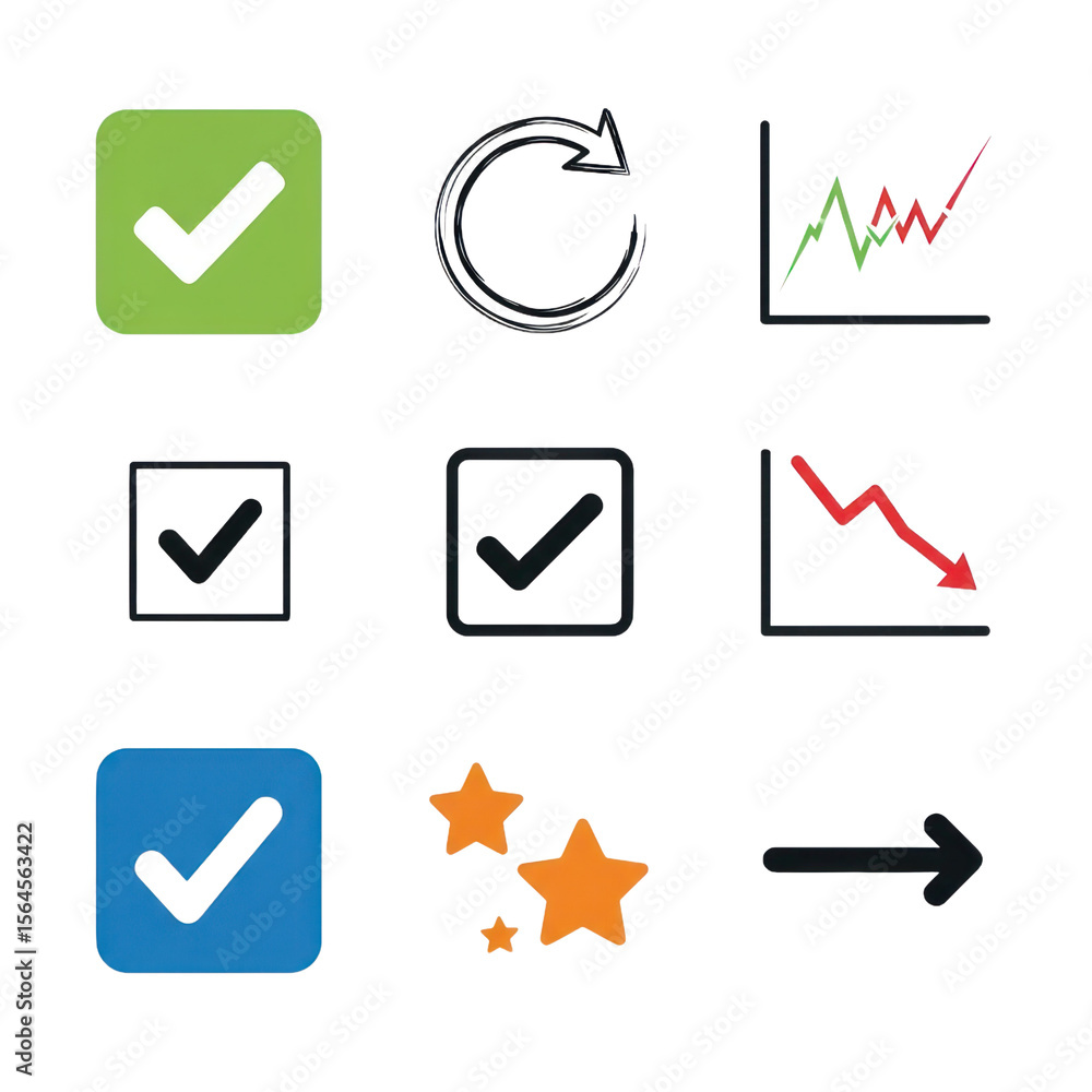 Poster assorted hand drawn graphic elements featuring checkmarks arrows stars and charts on isolated transp
