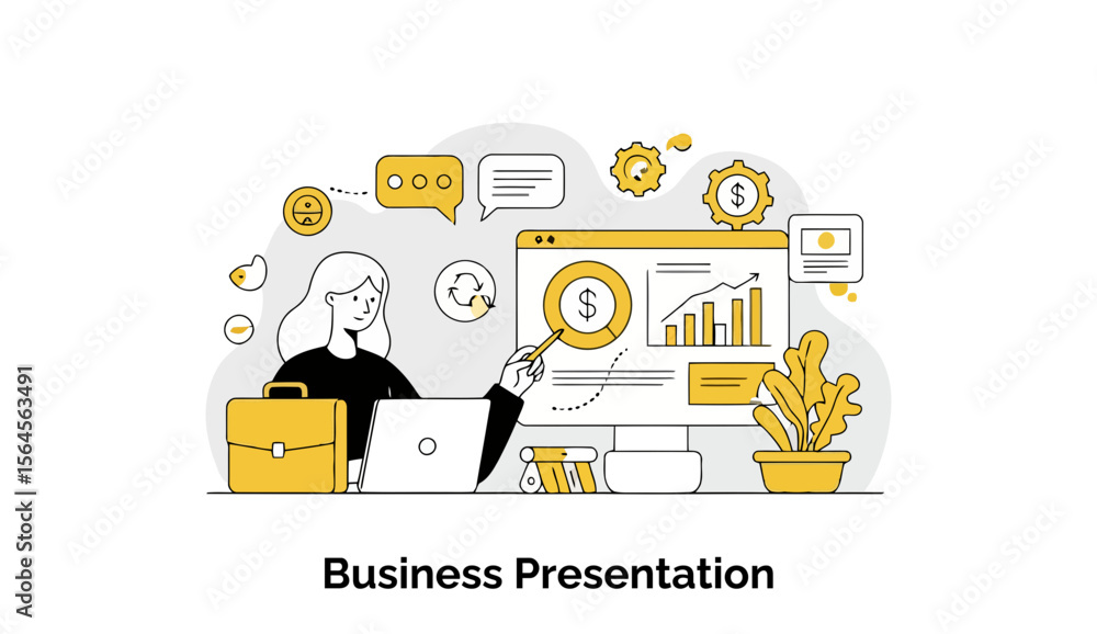 Poster female professional giving a business presentation in an office setting. woman pointing to financial