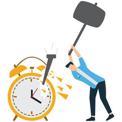 Young Man Smashing Loud Alarm Clock with Giant Hammer