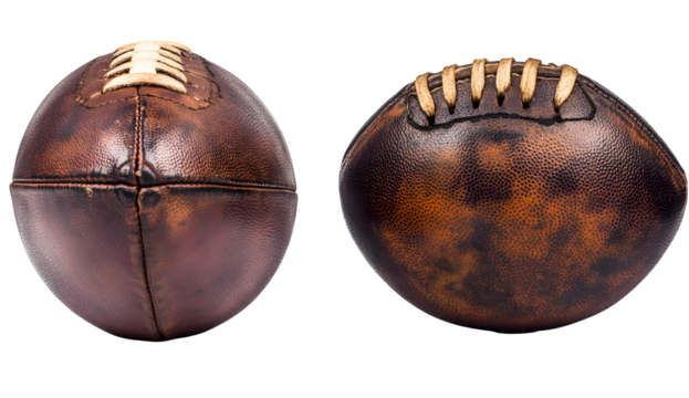 Detailed studio shot of vintage leather american footballs on a black background