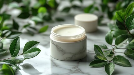 White skincare cream jar on marble with fresh green leaves – natural beauty product concept