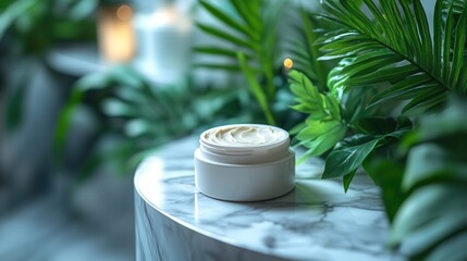 White skincare cream jar on marble with fresh green leaves – natural beauty product concept