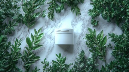 White skincare cream jar on marble with fresh green leaves – natural beauty product concept
