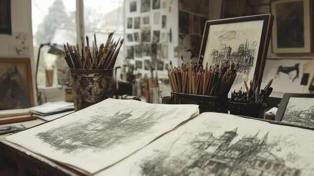 A open sketchbook with detailed sketches on a wooden stand in a cluttered artist studio space near window a