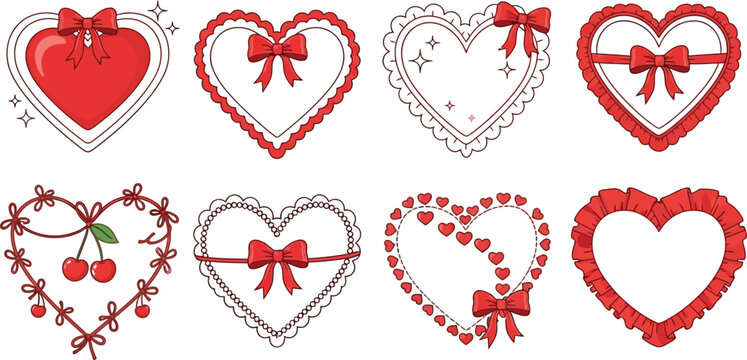 Collection of eight heart shaped designs with bows and embellishments - Powered by Adobe