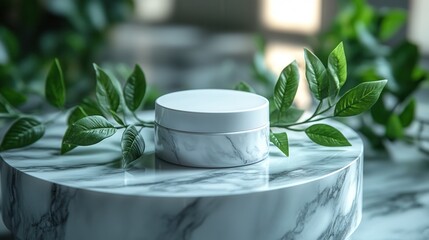 White skincare cream jar on marble with fresh green leaves – natural beauty product concept