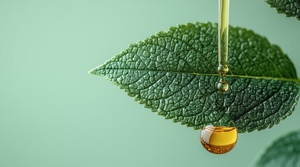 Golden dropper with amber oil and green leaf on mint background – natural skincare concept