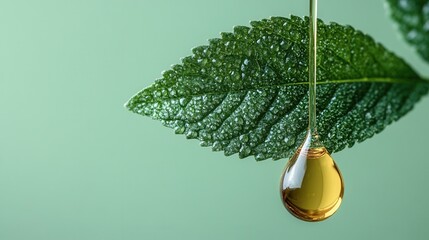 Golden dropper with amber oil and green leaf on mint background – natural skincare concept