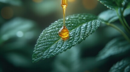 Golden dropper with amber oil and green leaf on mint background – natural skincare concept