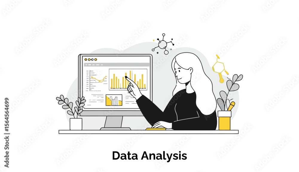 Poster female data analyst pointing at computer screen displaying graphs in an office setting. young woman 