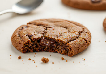 Fototapeta premium A Delicious Chocolate Chip Cookie with a Bite Taken Out, Sweet Treat Baked Goods, Closeup Photography of a Single Cookie