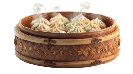 Illustration of steamed dumplings in bamboo steamer isolated on transparent background