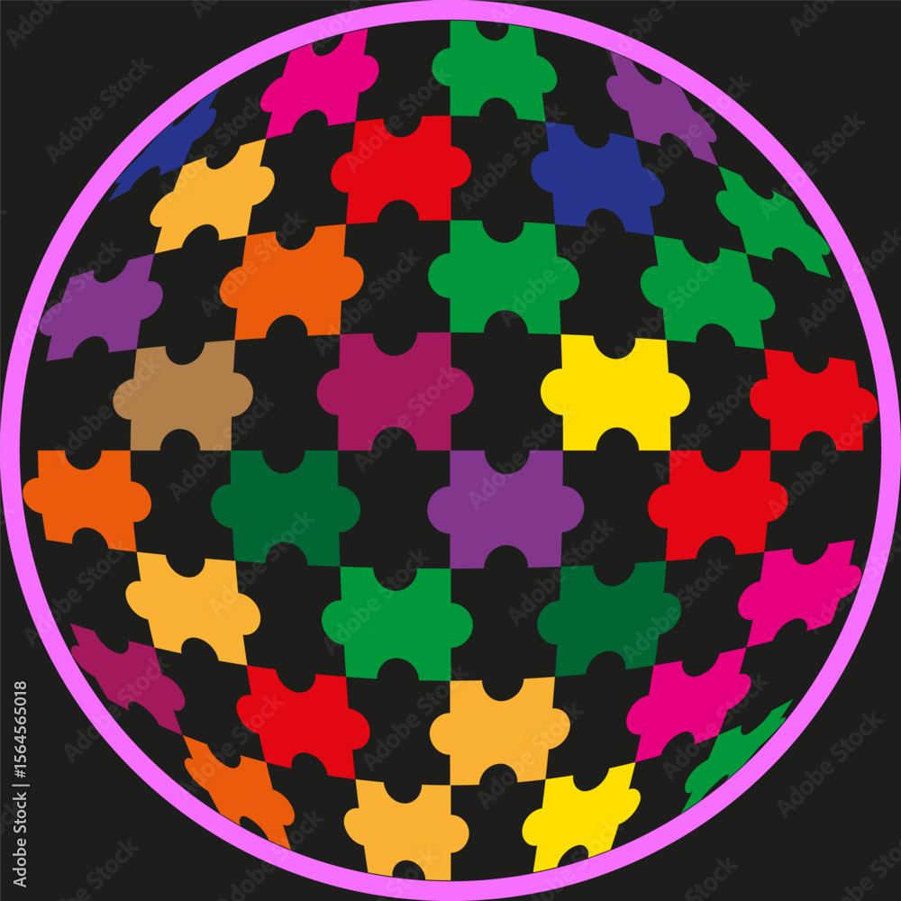 Poster colorful puzzle sphere. bright plus mosaic. round pattern vector. neon outline circle.