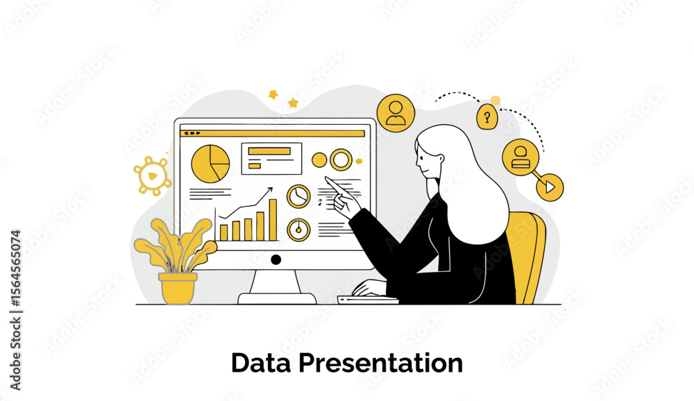 Poster female professional presenting data on computer screen in office setting. woman in business attire p