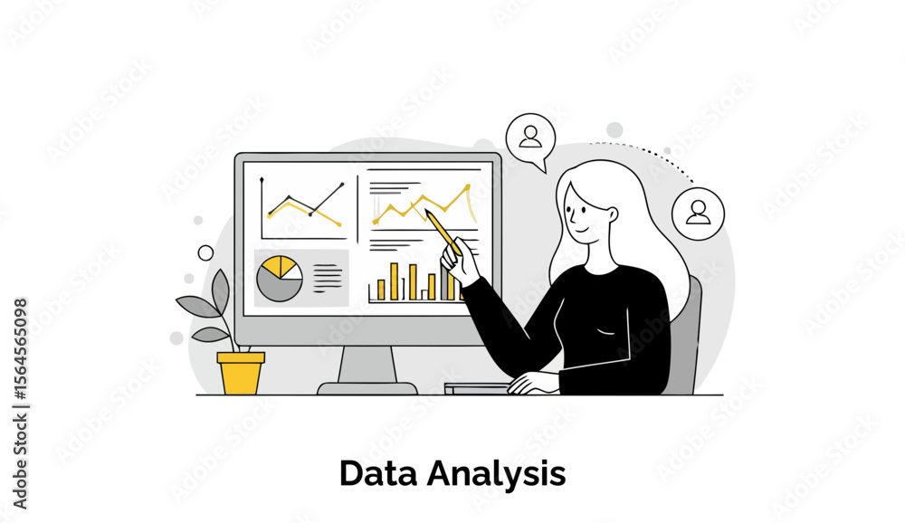 Poster female data analyst explaining graphs on computer screen in office setting. woman pointing at data v